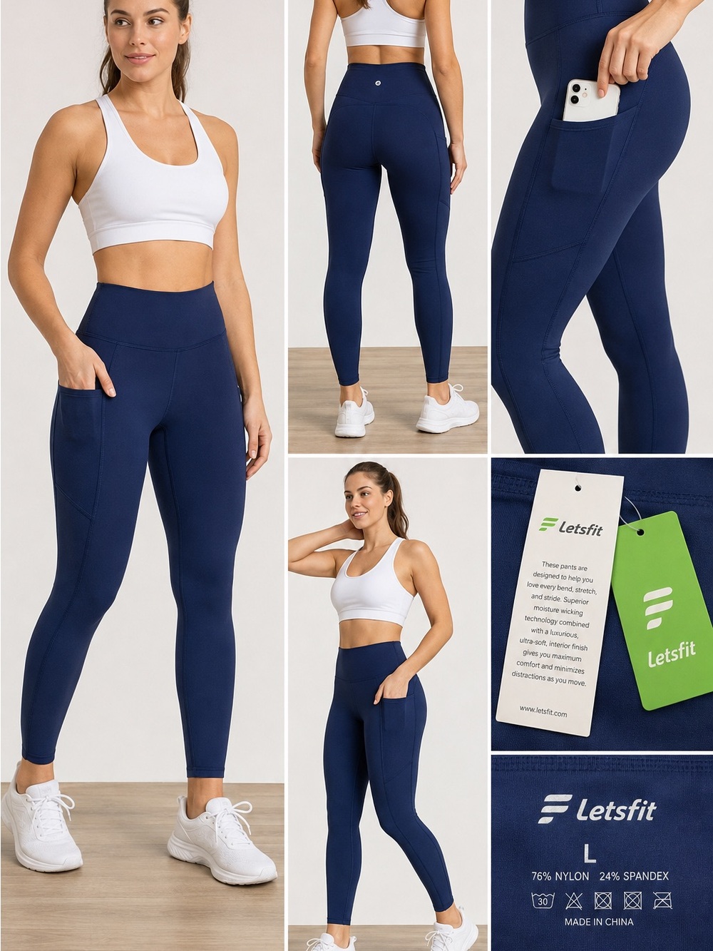 Letsfit High-Rise Performance Leggings Size L NWT Navy Blue Side Pockets